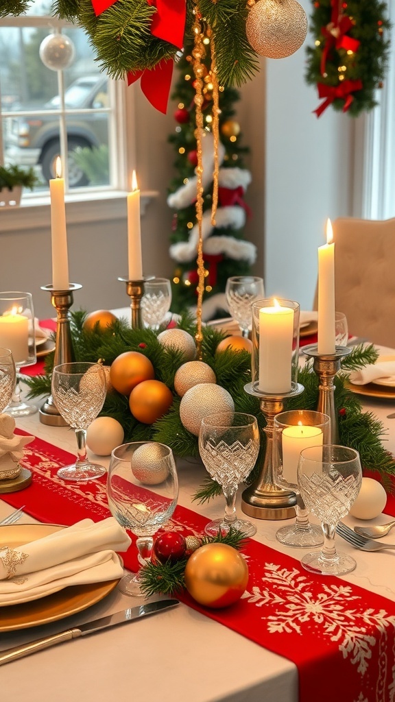 A festive Christmas table setting with ornaments, candles, and greenery.
